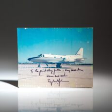 Inscribed photograph of the North American T-39A Sabreliner, assigned to support Lyndon B. Johnson's travel to the LBJ Ranch. Inscribed by Johnson to the Air Force personnel responsible for painting the aircraft. The aircraft is now held by the National Museum of the United States Air Force, in Dayton, Ohio.