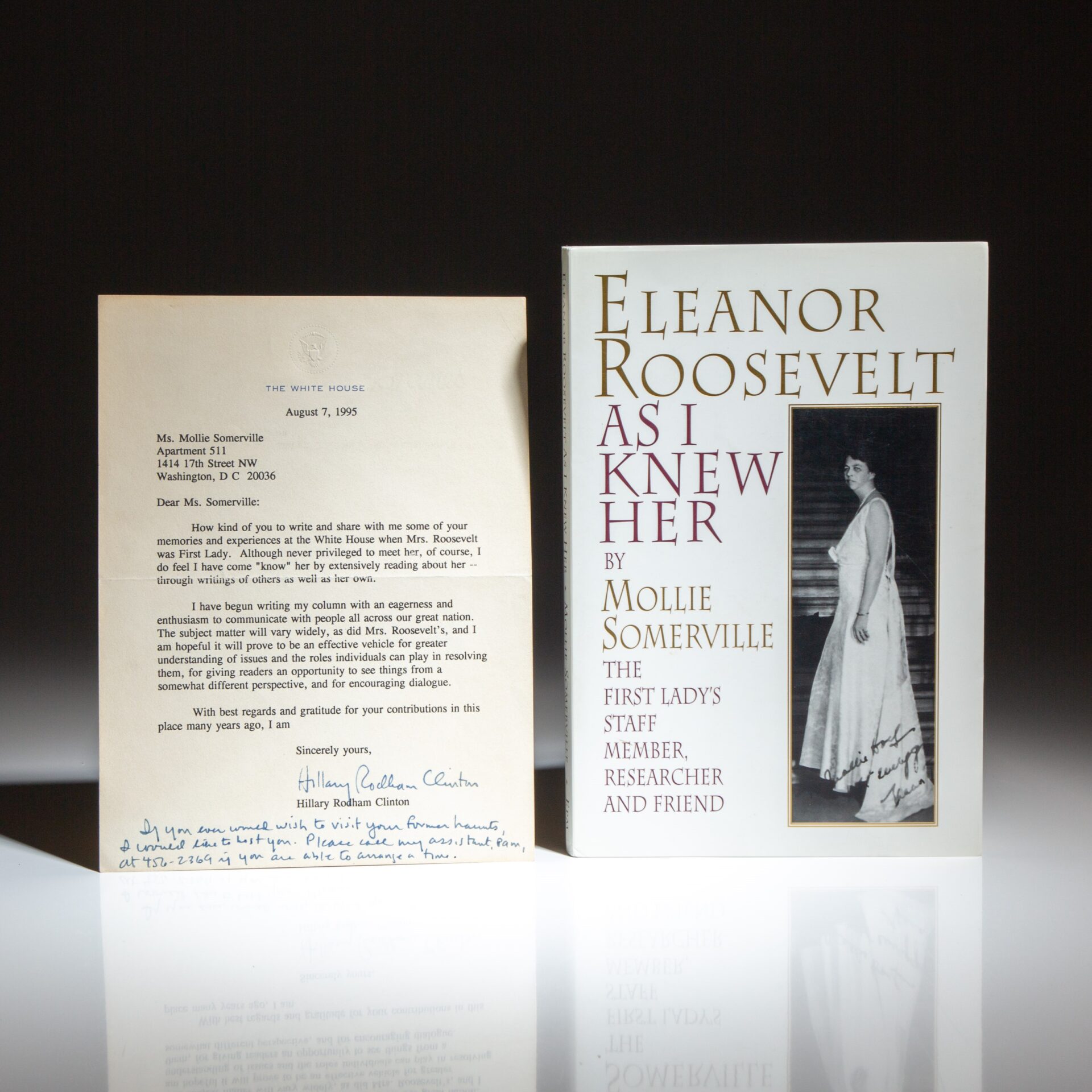 The first edition of Eleanor Roosevelt As I Knew Her by Mollie Somerville, with a letter from First Lady Hillary Clinton, inviting Somerville back to the White House.