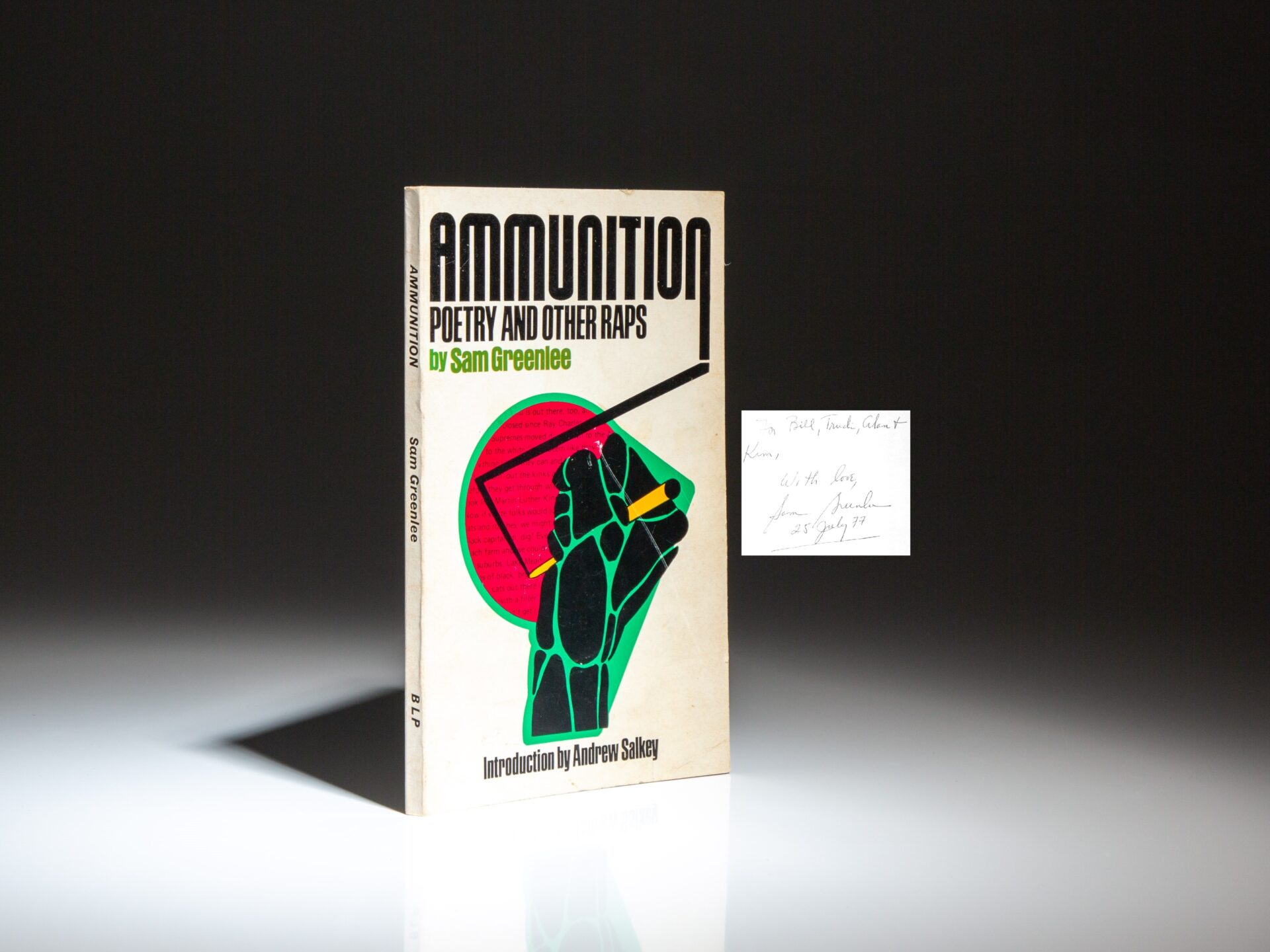 The first paperback edition of Ammunition! Poetry and Other Raps, inscribed by Sam Greenlee.