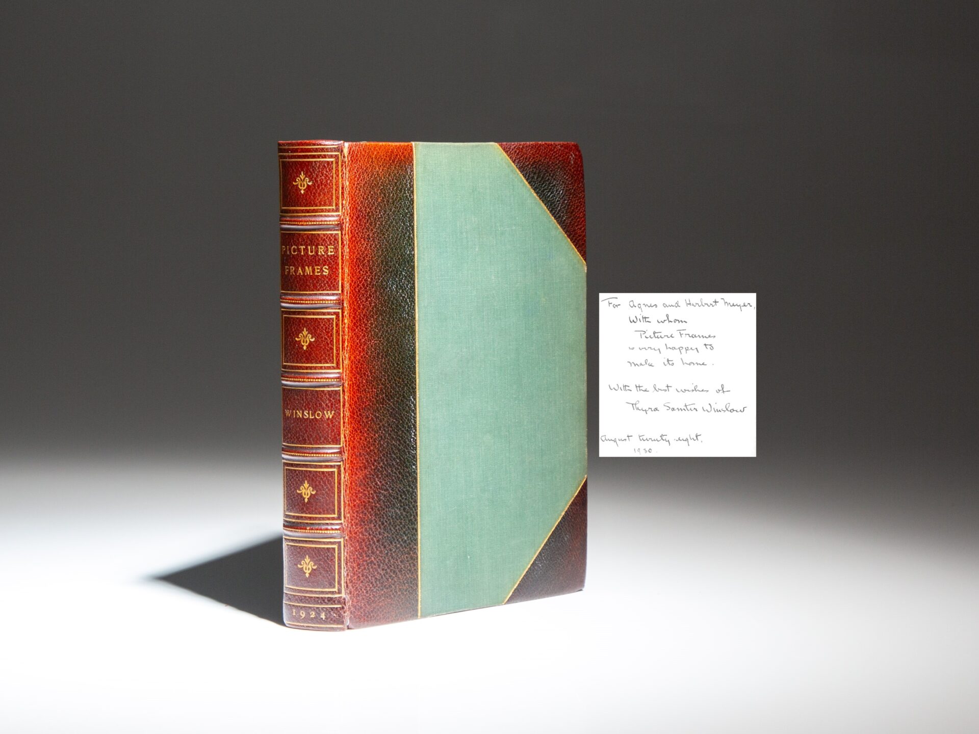 Inscribed by the author, an early printing of Picture Frames by Thyra Samter Winslow.