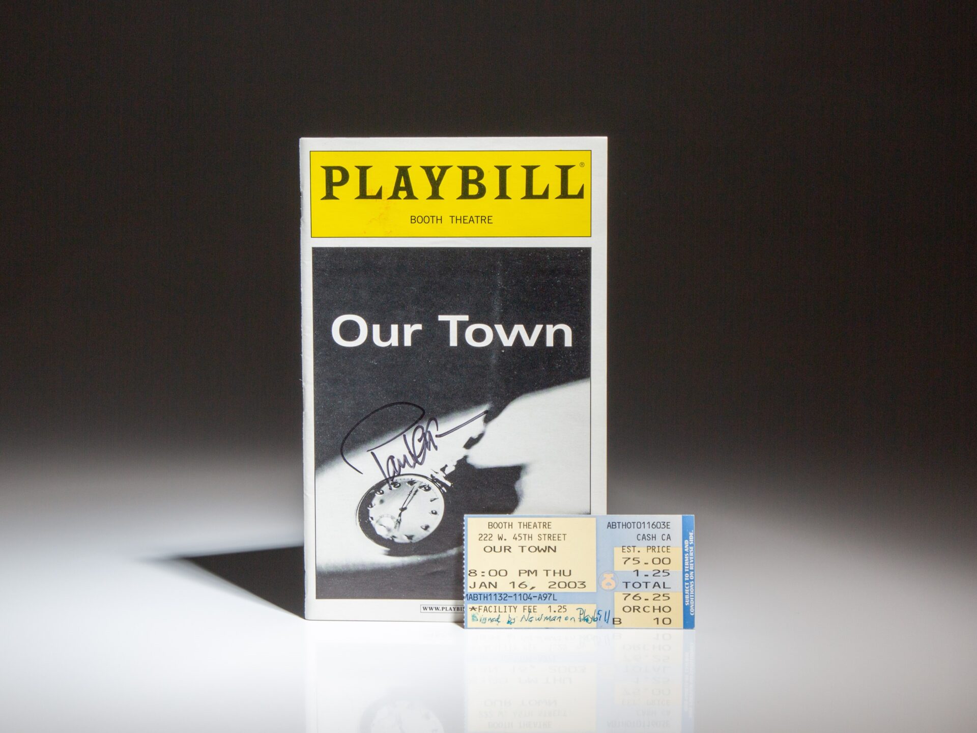 Signed by Paul Newman, The Playbill for Thornton Wilder's "Our Town" at the Booth Theatre on January 16, 2003.